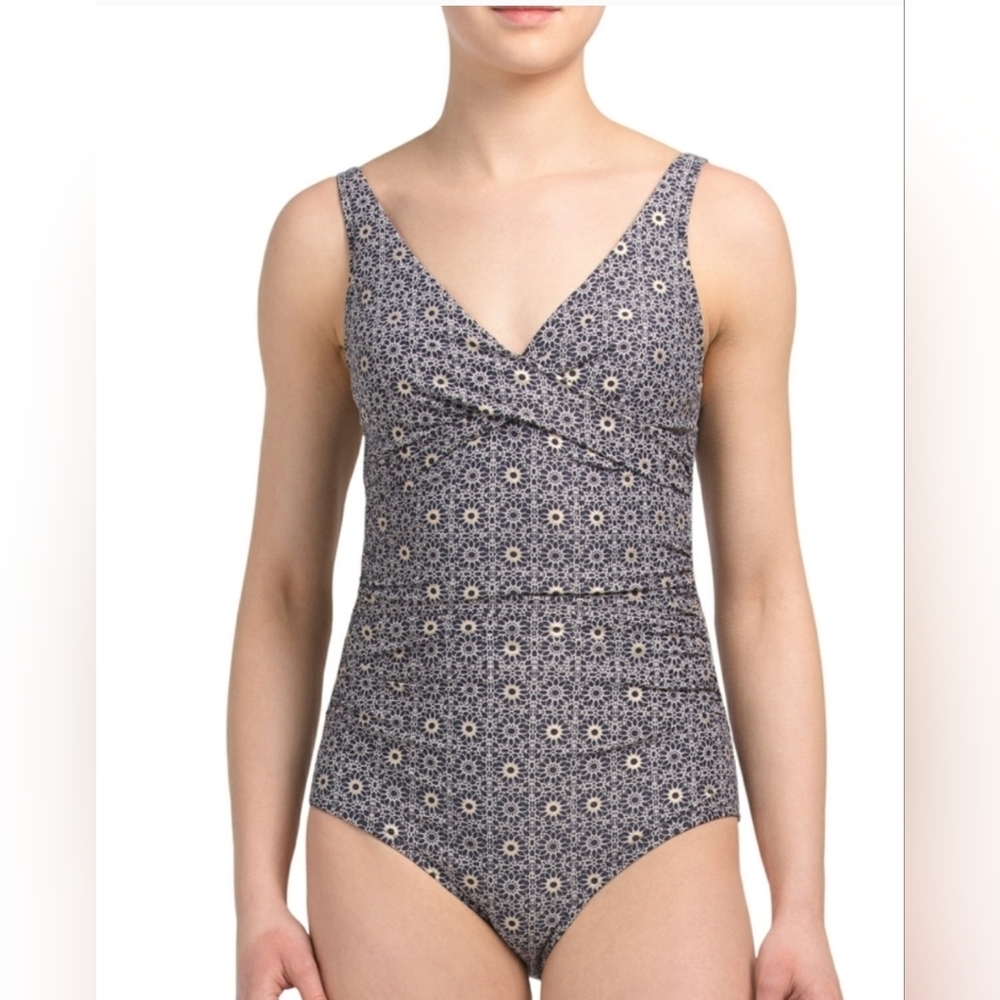 Niptuck One Piece Tummy Control Swimsuit Blue Moroccan Floral Ruched Size 12